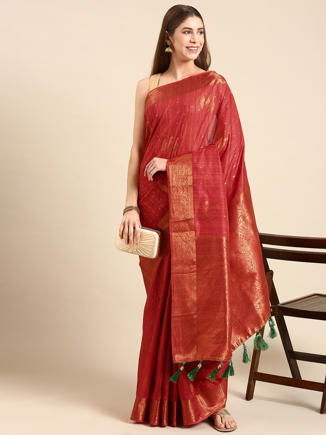 

Anouk Ethnic Motifs Zari Silk Blend Saree, Red