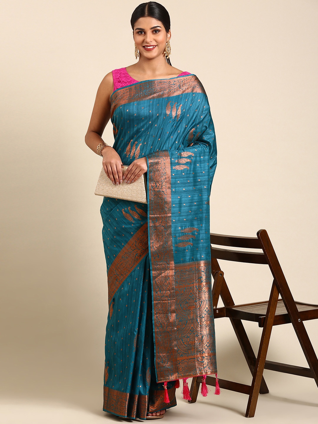 

Anouk Ethnic Motifs Zari Silk Blend Saree, Blue