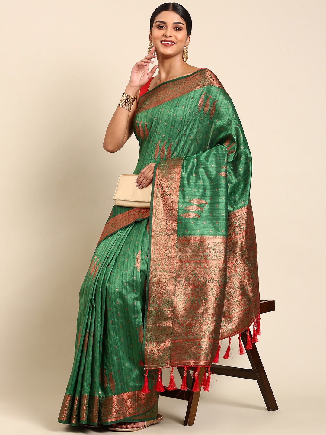 

Anouk Ethnic Motifs Zari Silk Blend Saree, Green