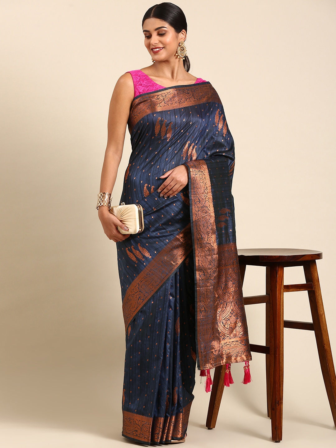 

Anouk Ethnic Motifs Zari Silk Blend Saree, Navy blue