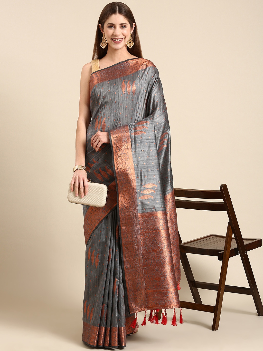 

Anouk Ethnic Motifs Zari Silk Blend Saree, Grey