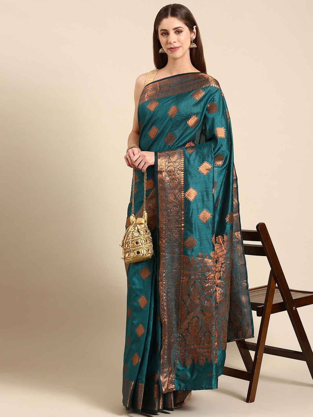 

Anouk Ethnic Motifs Zari Silk Blend Saree, Teal