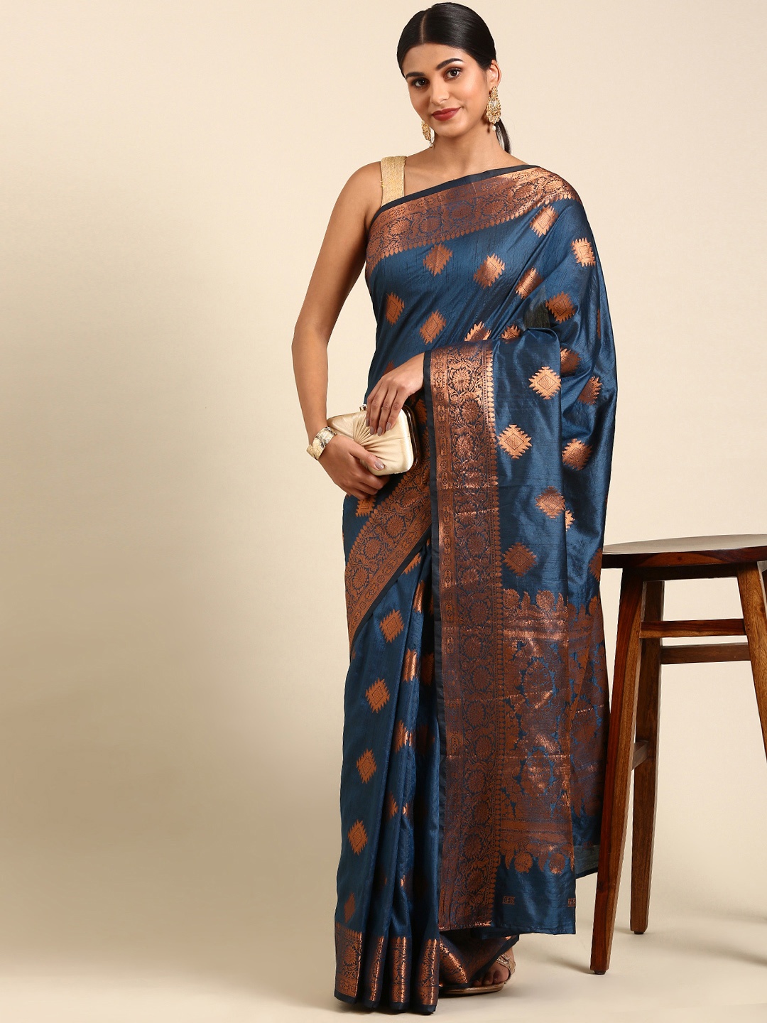 

Anouk Ethnic Motifs Zari Silk Blend Saree, Blue