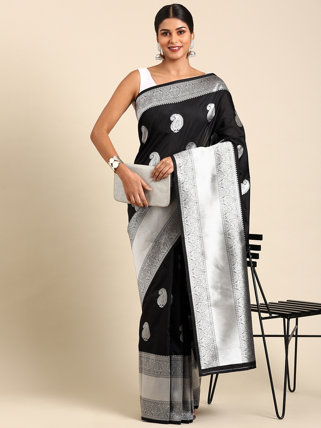 

Anouk Paisley Zari Silk Blend Saree, Black