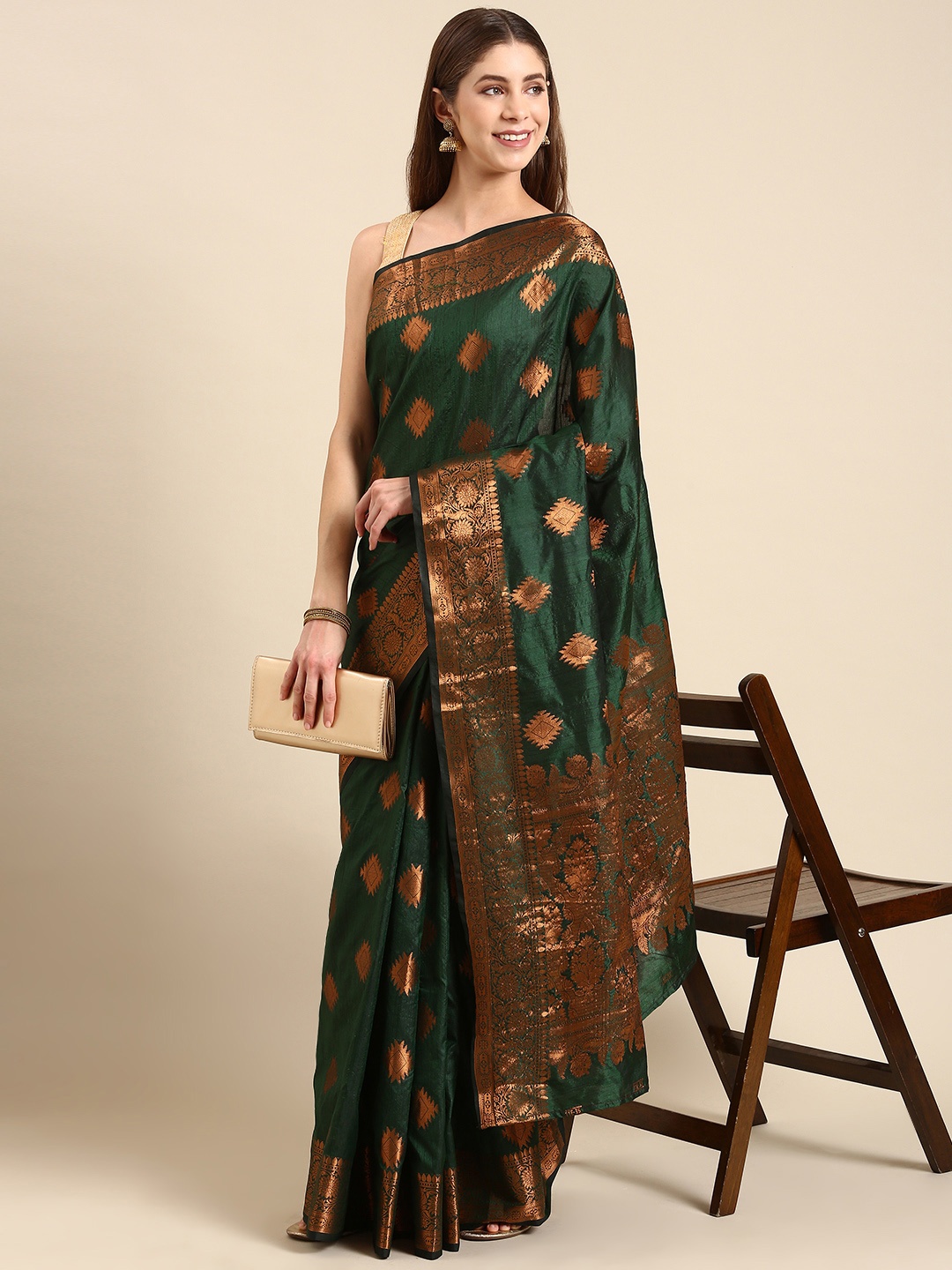 

Anouk Ethnic Motifs Zari Silk Blend Saree, Green