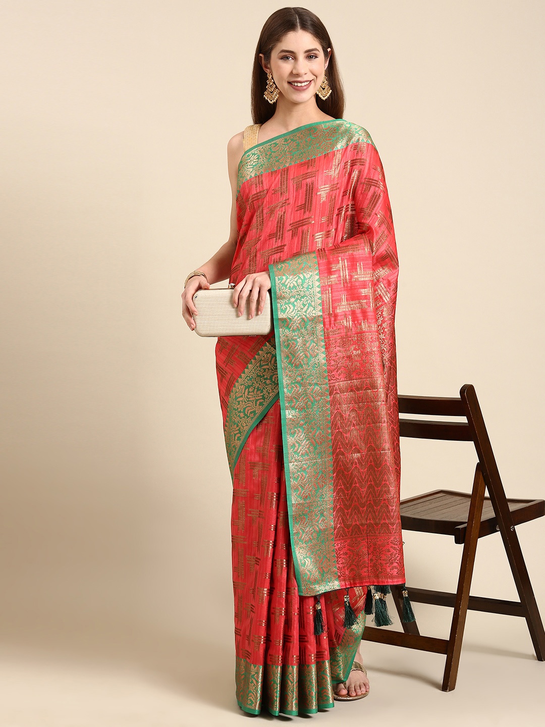 

Anouk Woven Design Zari Silk Blend Saree, Peach