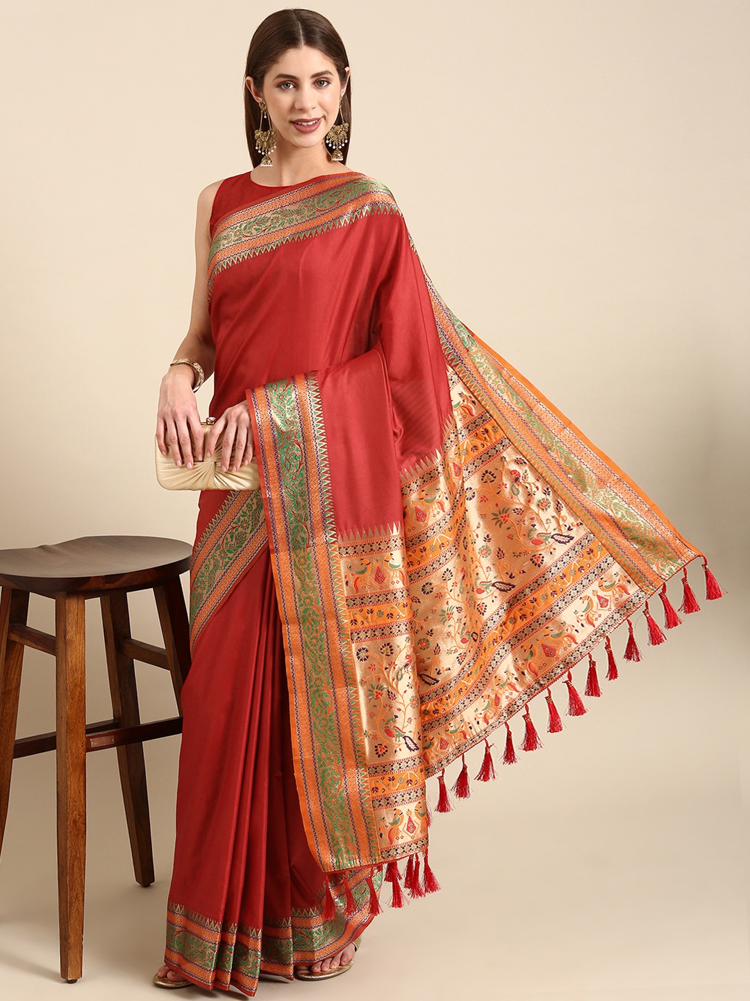

Anouk Ethnic Motifs Zari Silk Blend Saree, Red