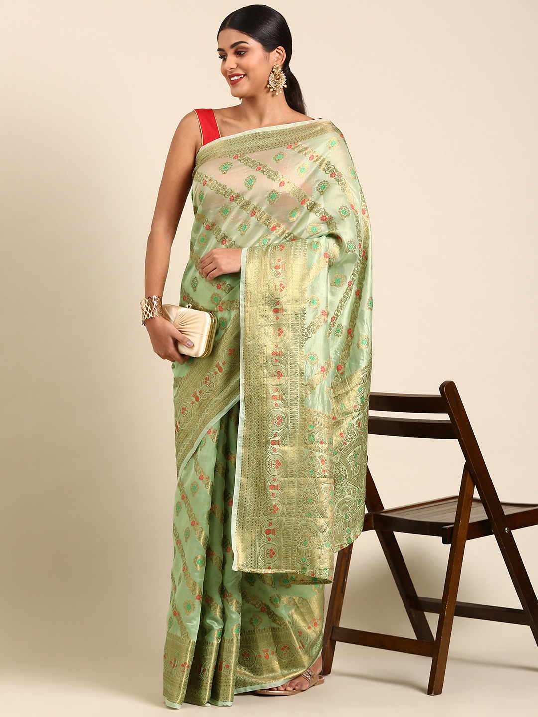 

Anouk Floral Chanderi Saree, Green