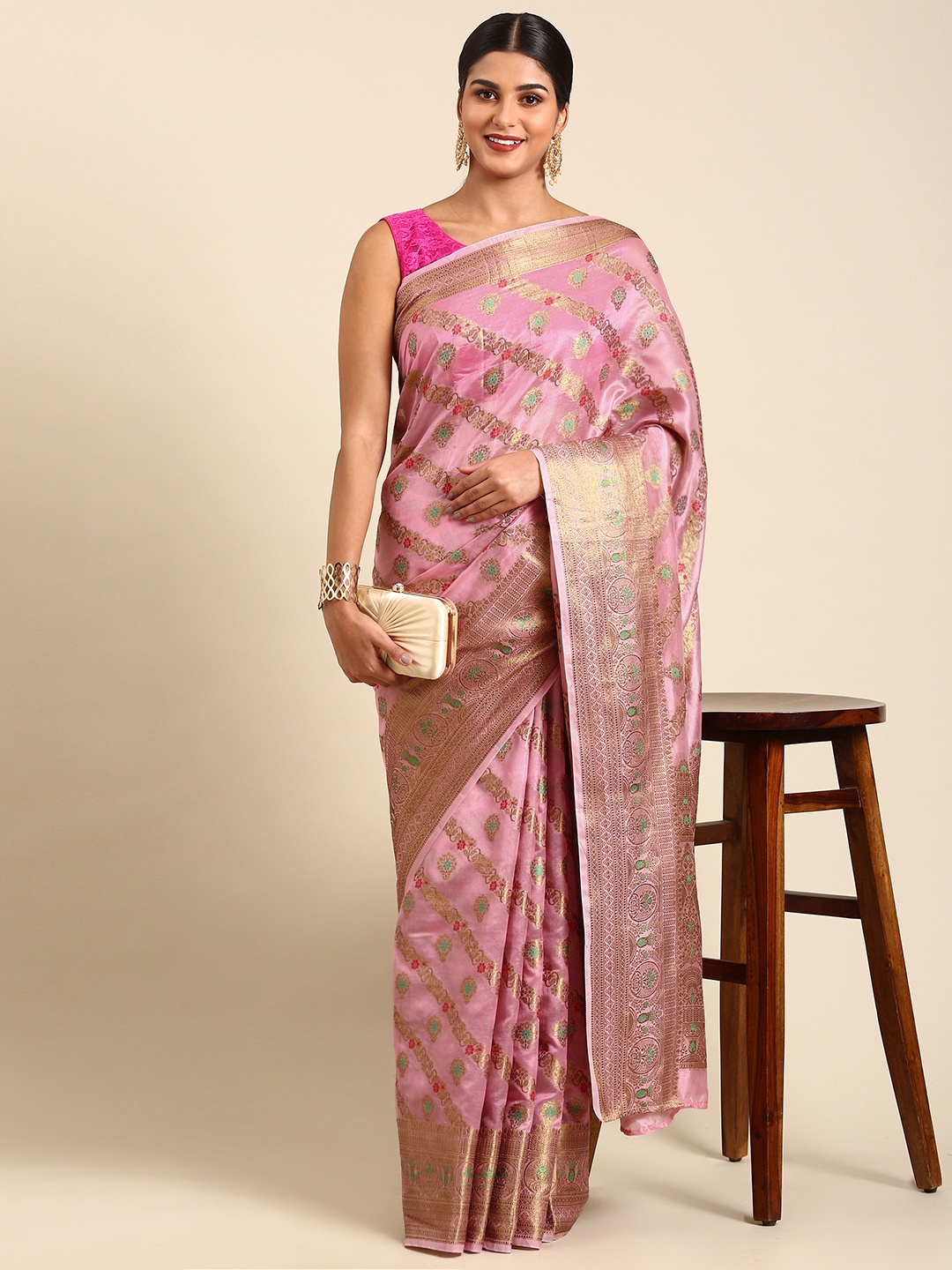 

Anouk Ethnic Motifs Zari Chanderi Saree, Pink