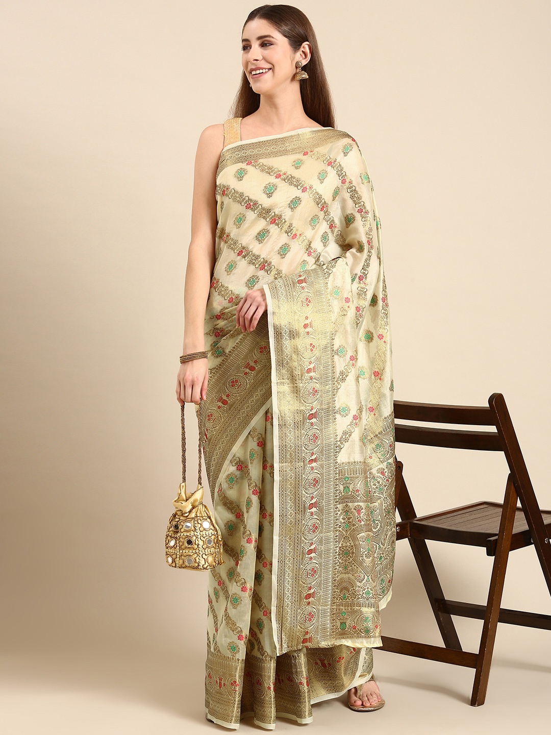 

Anouk Floral Chanderi Saree, Cream