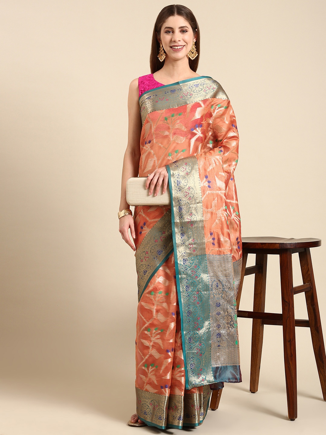 

Anouk Ethnic Motifs Zari Chanderi Saree, Coral