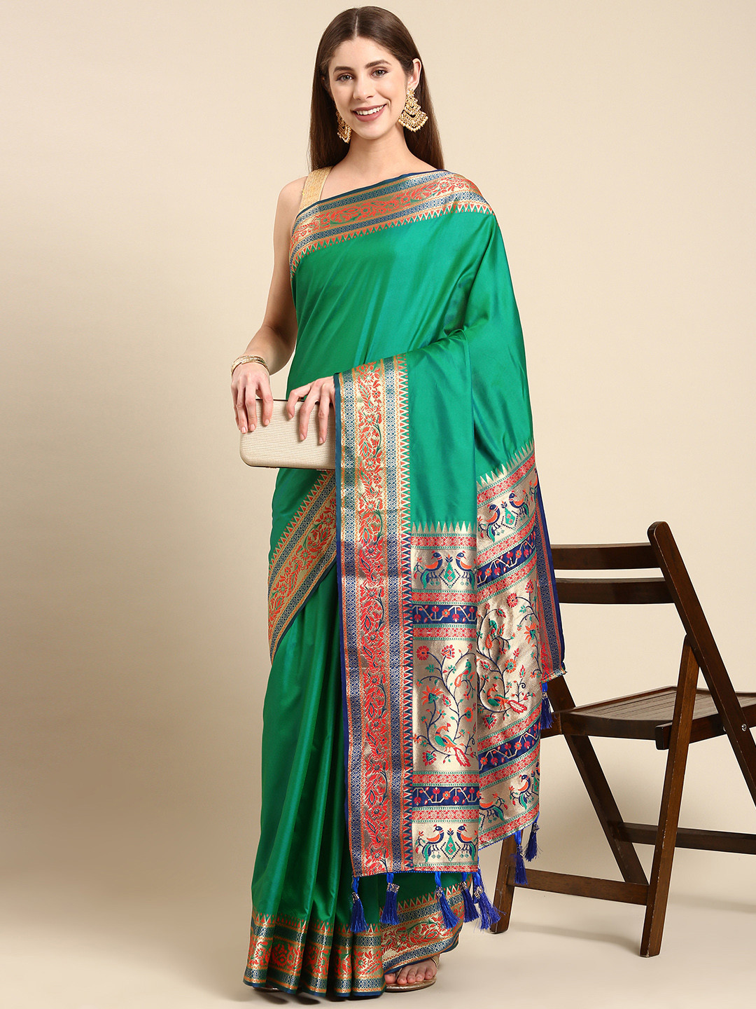 

Anouk Ethnic Motifs Zari Silk Blend Saree, Green