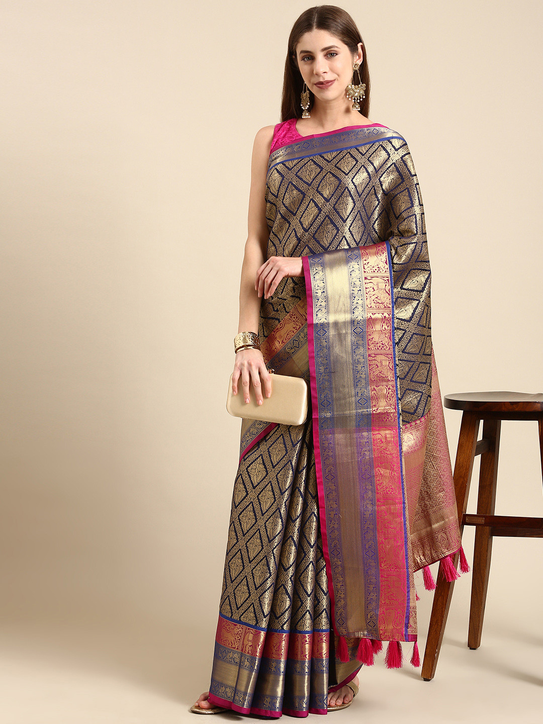 

Anouk Zari Silk Blend Kanjeevaram Saree, Navy blue