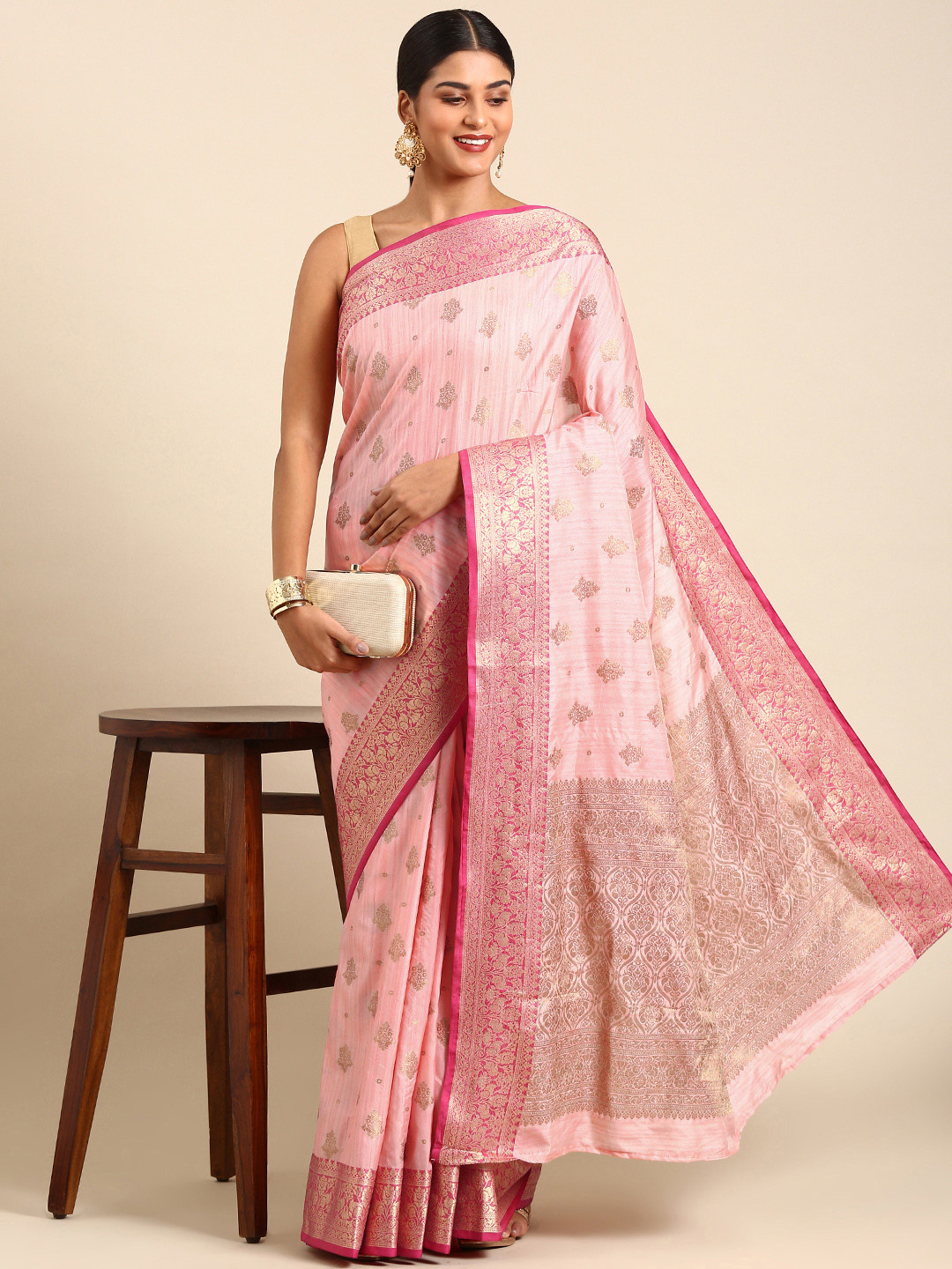 

Anouk Ethnic Motifs Zari Silk Blend Saree, Pink