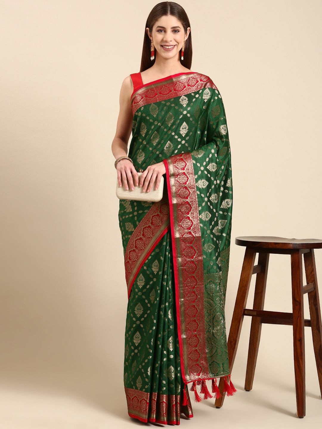 

Anouk Ethnic Motifs Zari Silk Blend Saree, Green