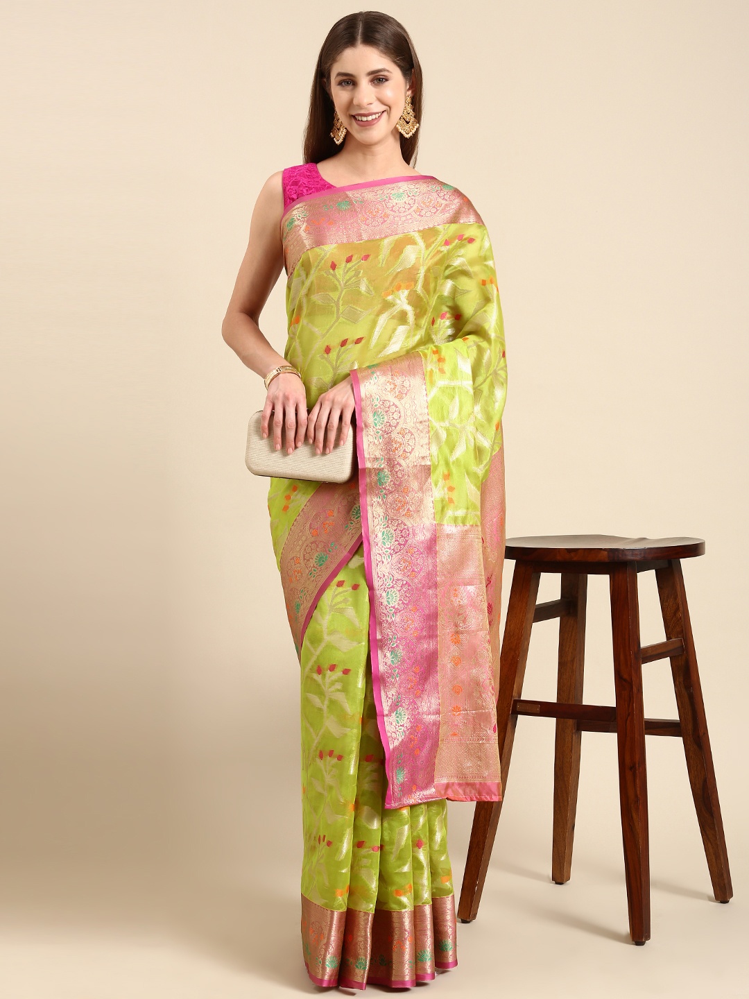 

Anouk Ethnic Motifs Zari Chanderi Saree, Lime green