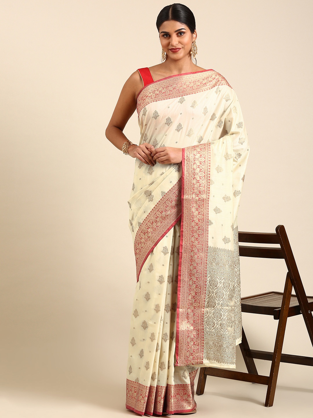 

Anouk Ethnic Motifs Zari Silk Blend Saree, Cream