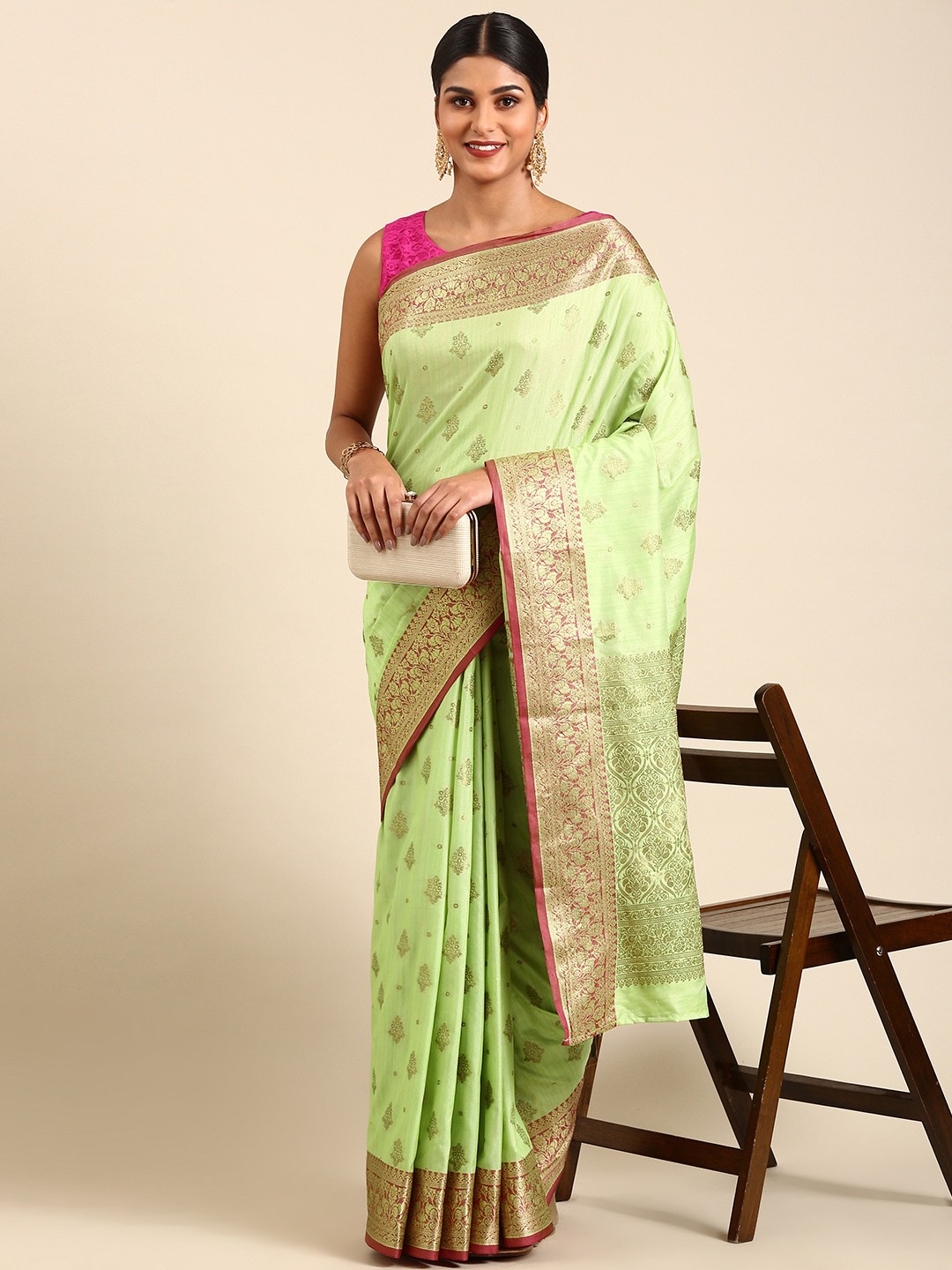 

Anouk Ethnic Motifs Zari Silk Blend Saree, Green