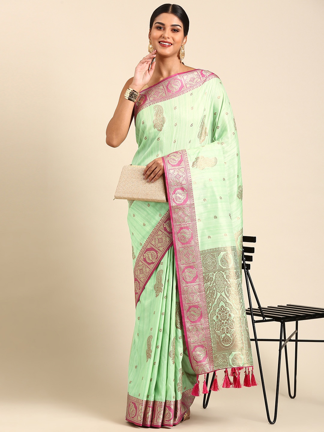 

Anouk Ethnic Motifs Zari Silk Blend Saree, Sea green