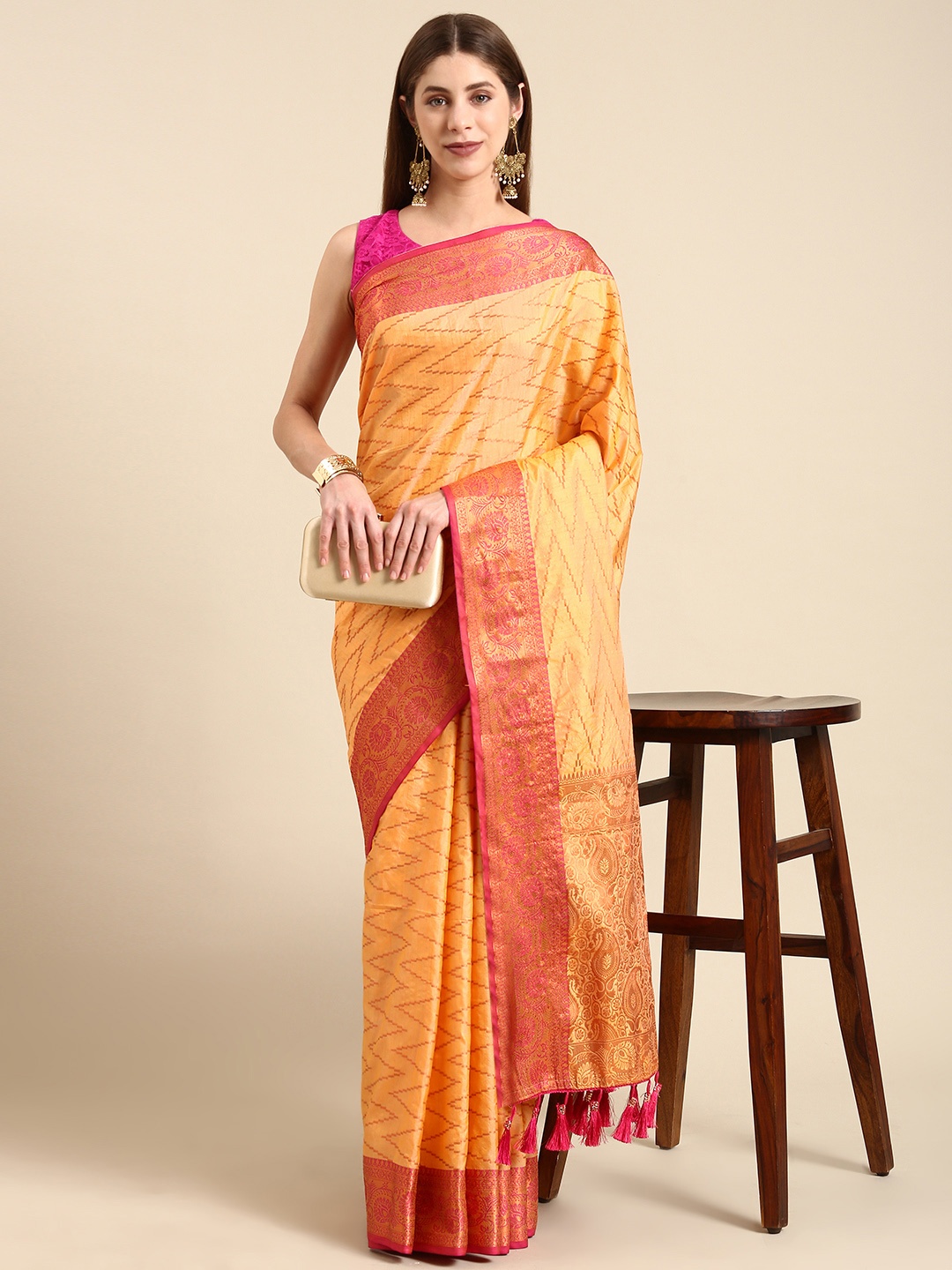 

Anouk Geometric Woven Design Zari Silk Blend Saree, Yellow