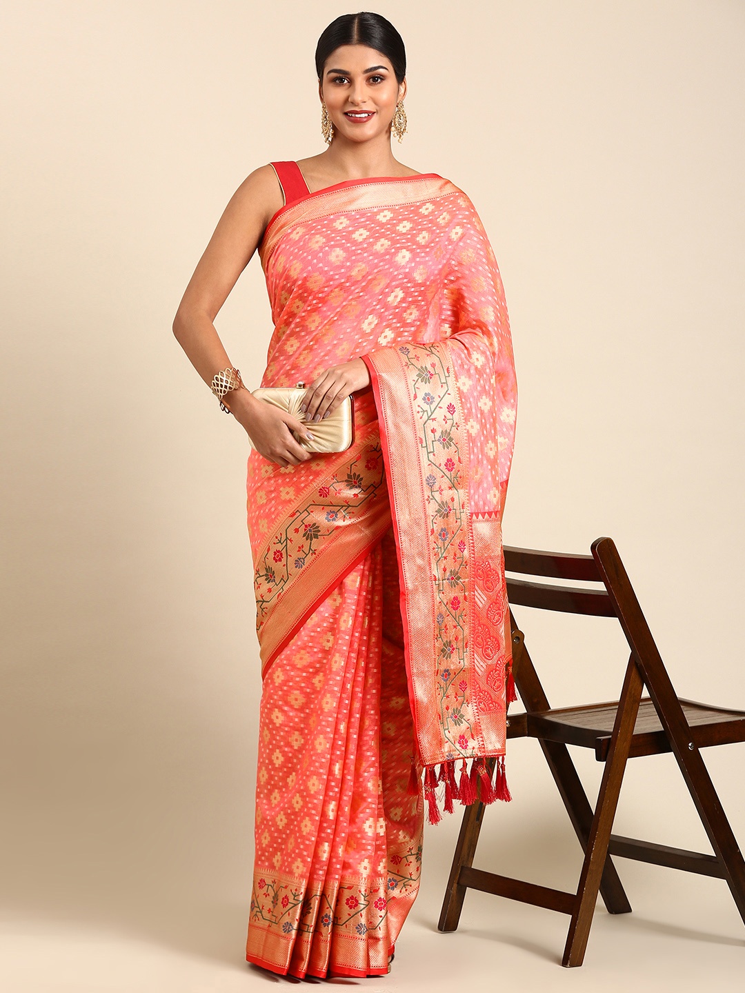 

Anouk Geometric Zari Chanderi Saree, Pink
