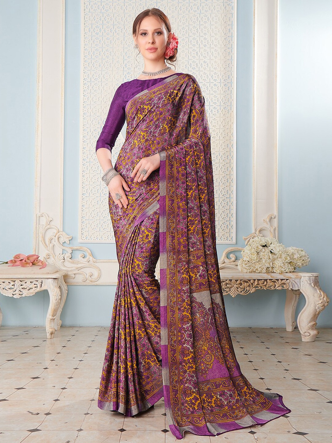 

Kasak Floral Pure Crepe Saree, Lavender