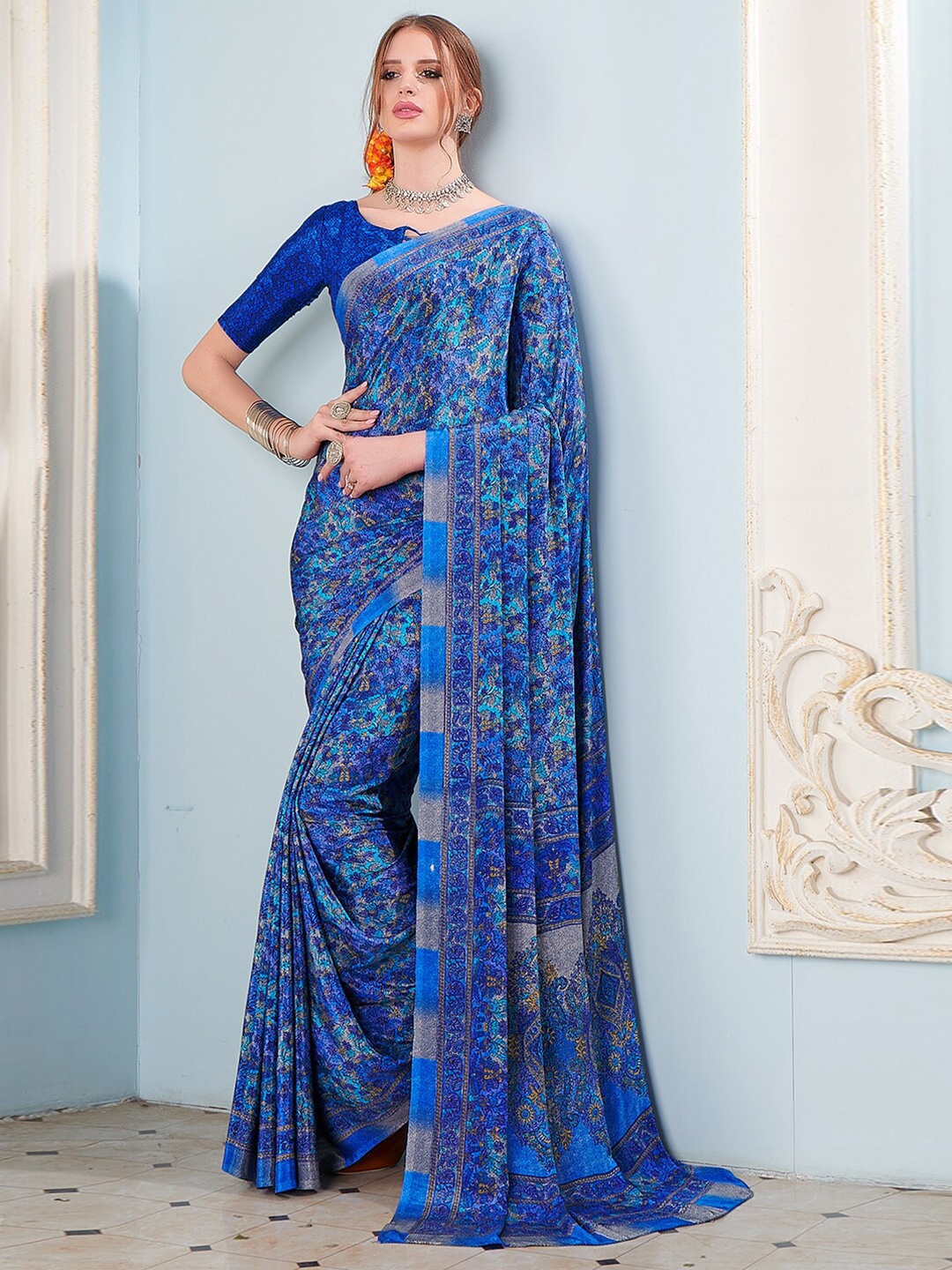 

Kasak Floral Pure Crepe Saree, Blue