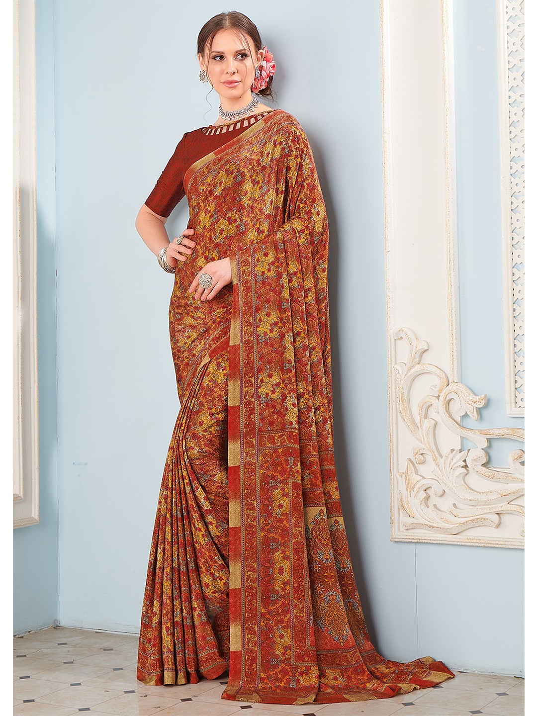 

Kasak Floral Printed Pure Crepe Silk Saree, Rust