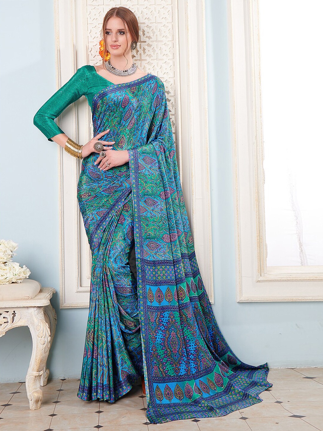 

Kasak Ethnic Motifs Pure Crepe Saree, Blue