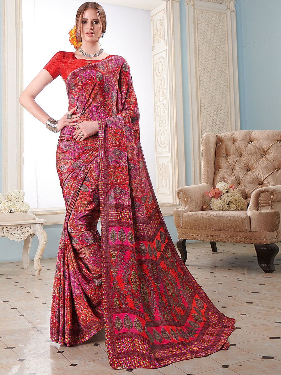 

Kasak Ethnic Motifs Pure Crepe Saree, Pink