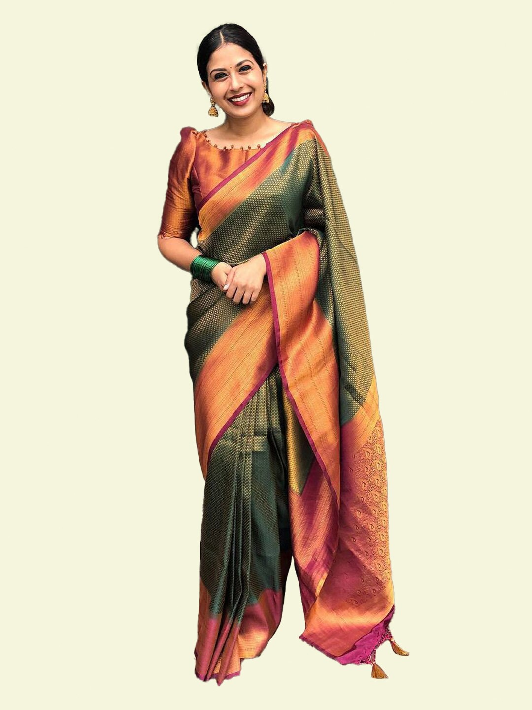 

TIEXA Ethnic Motifs Zari Pure Silk Banarasi Saree, Green