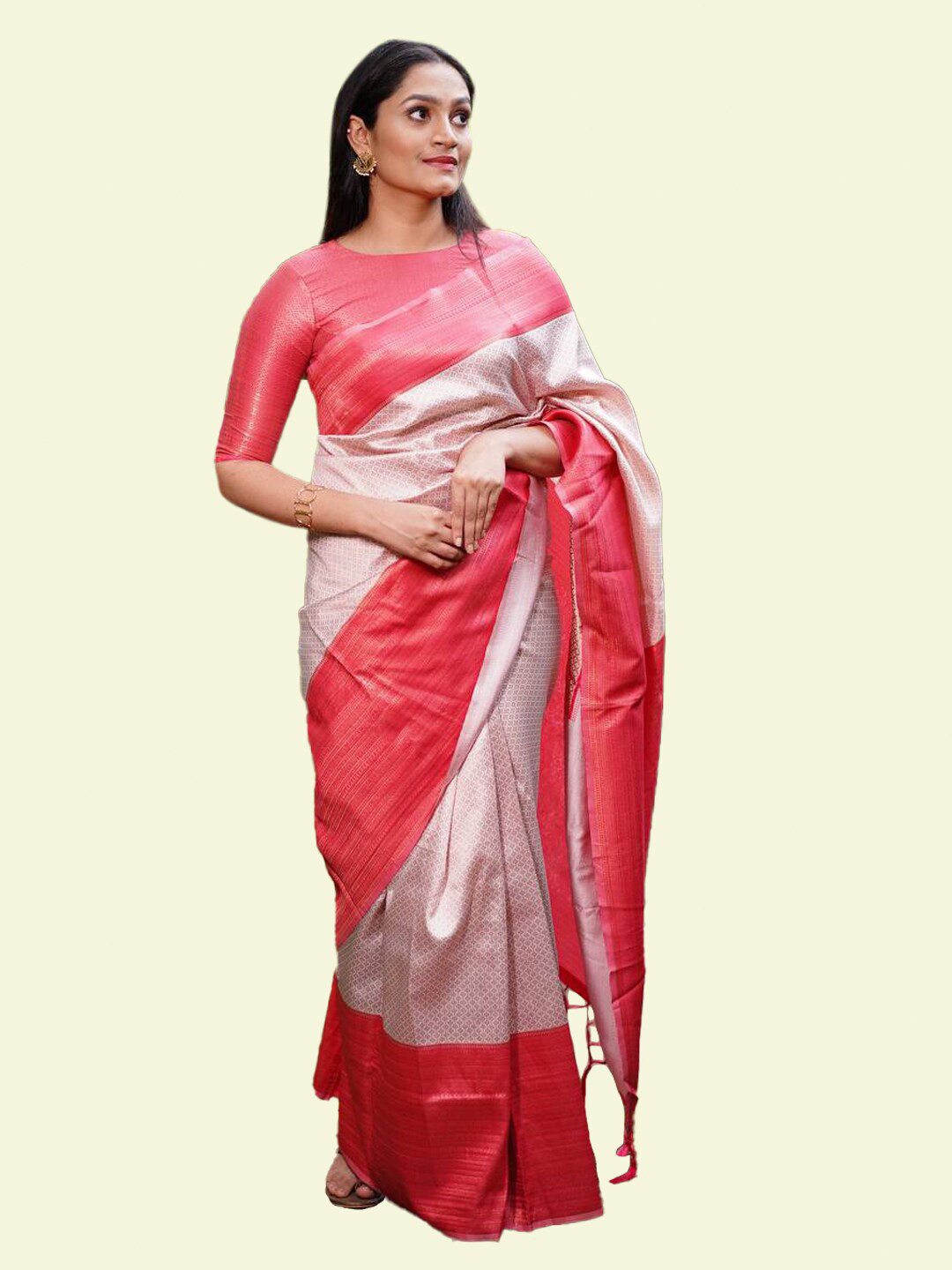 

TIEXA Ethnic Motifs Zari Pure Silk Banarasi Saree, Cream