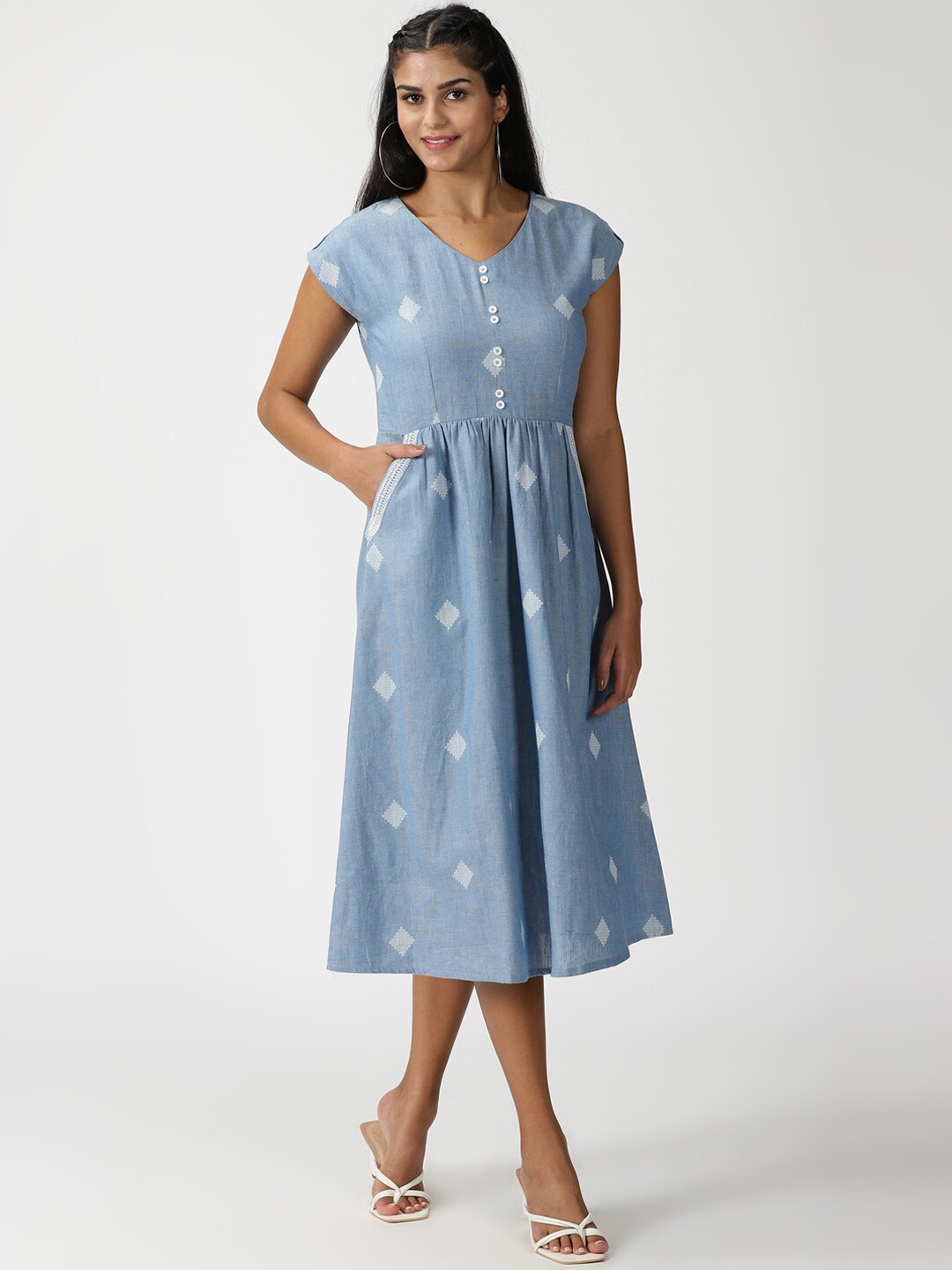 

Saffron Threads Geometric Printed Fit & Flare Midi Dress, Blue