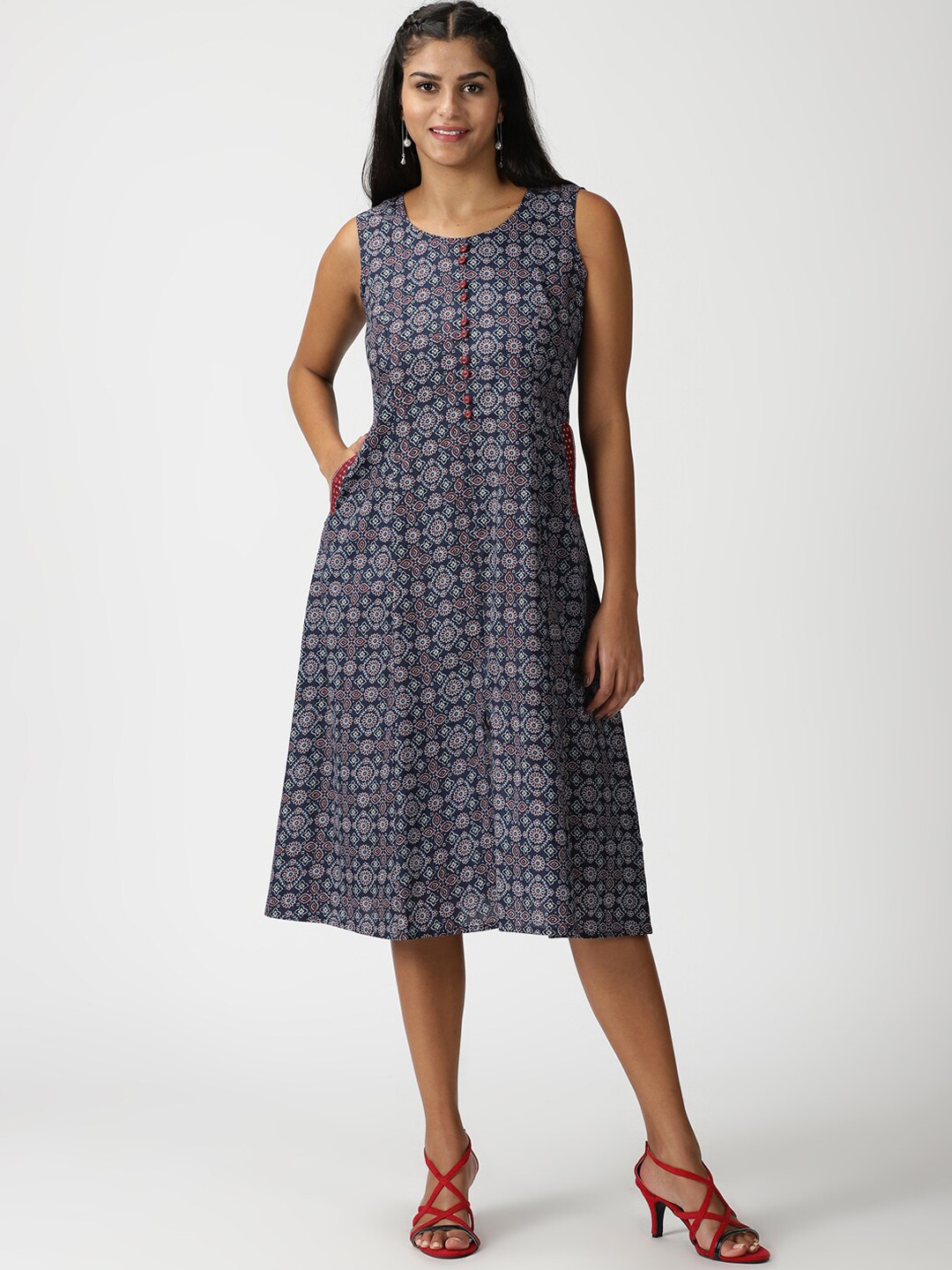 

Saffron Threads Women Printed Pure Cotton A-line Midi Dress, Blue