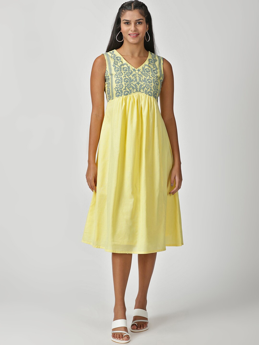 

Saffron Threads Floral Embroidered Cotton Empire Midi Dress, Yellow