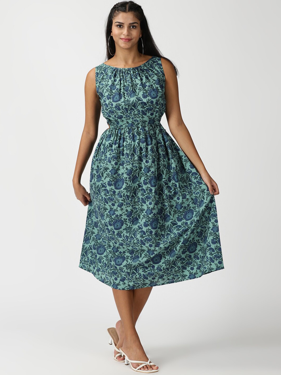 

Saffron Threads Floral Printed Fit & Flare Midi Dress with Waist Cutouts, Teal