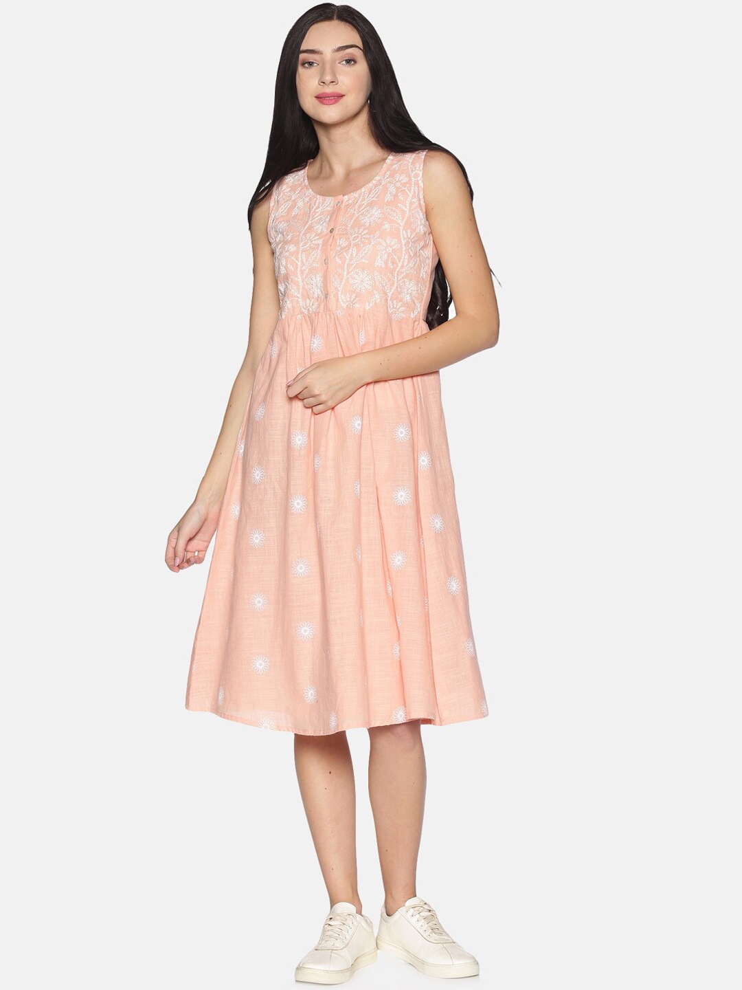 

Saffron Threads Floral Printed Lucknowi Chikankari Fit & Flare Midi Dress, Peach