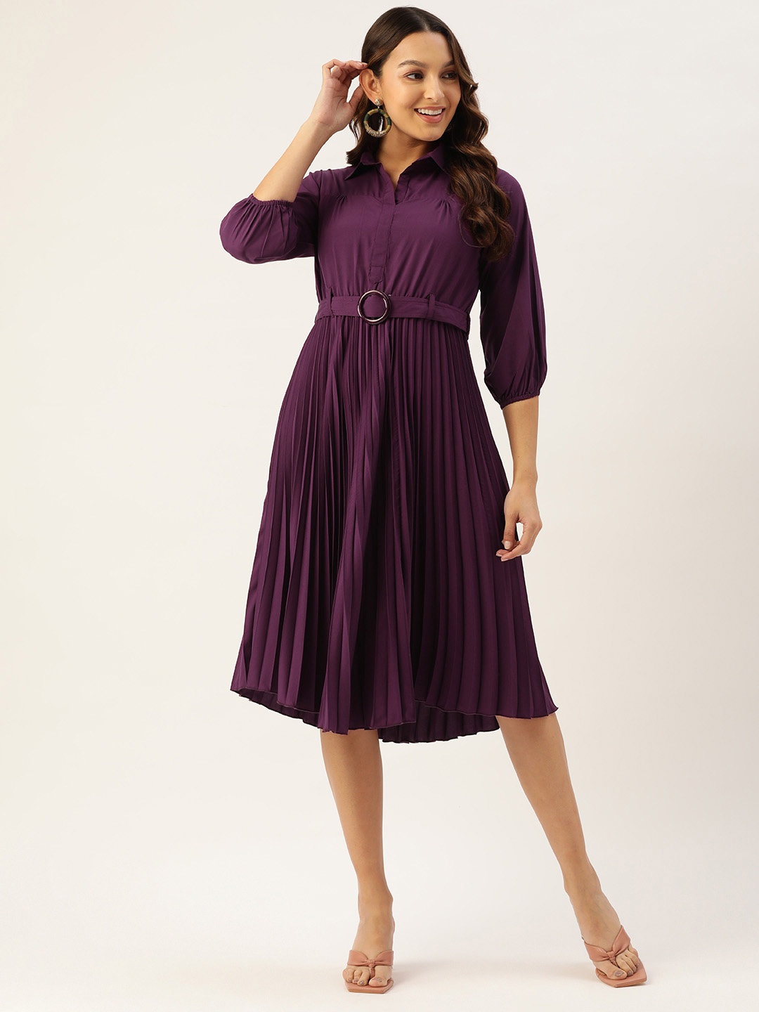 

WISSTLER Accordion Pleated Puff Sleeves Crepe Shirt Midi Dress With Belt, Purple
