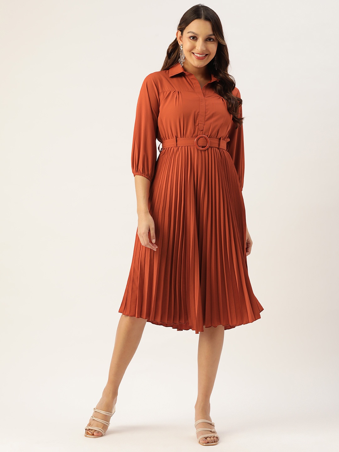 

WISSTLER Accordion Pleated Puff Sleeves Crepe Shirt Midi Dress With Belt, Rust