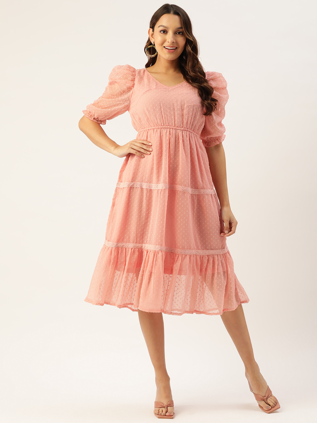 

WISSTLER Puff Sleeves Tiered Georgette Midi Dress, Peach