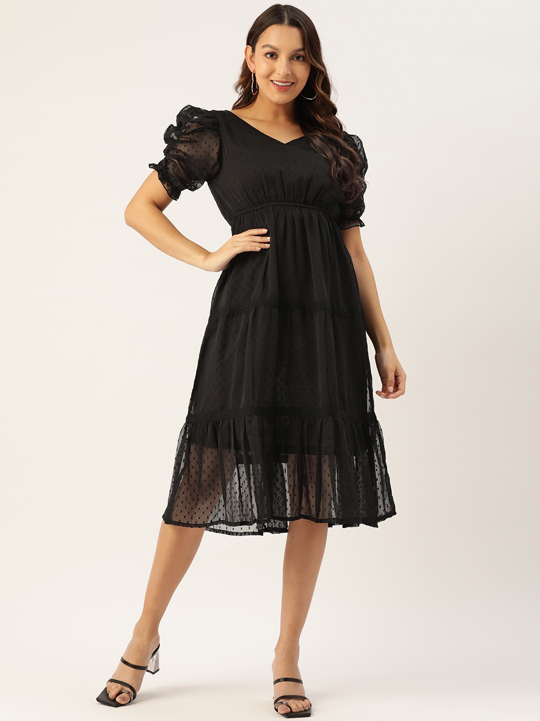 

WISSTLER Puff Sleeves Tiered Georgette Midi Dress, Black