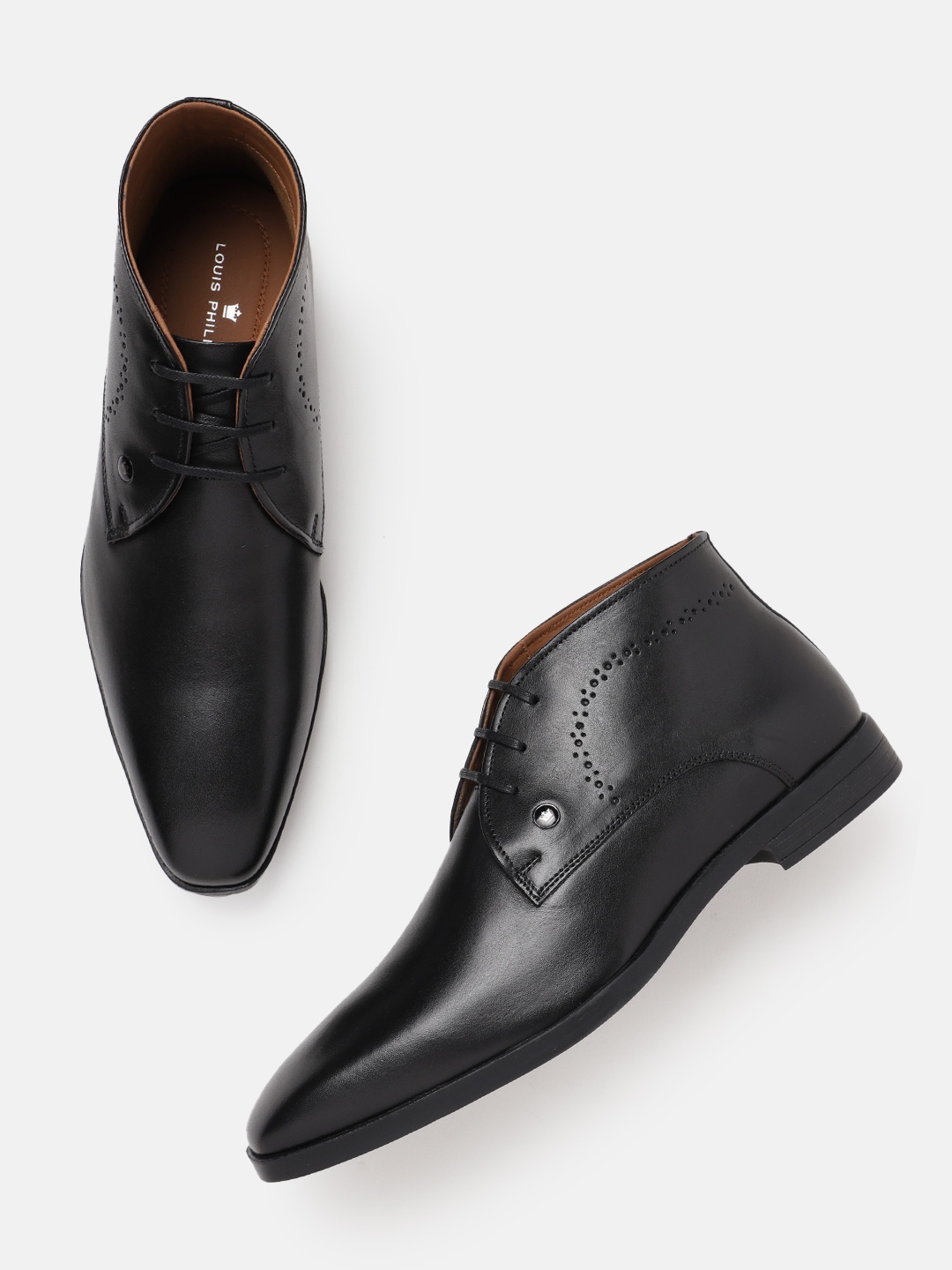 

Louis Philippe Men Perforated Detail Mid-Top Leather Formal Derbys, Black