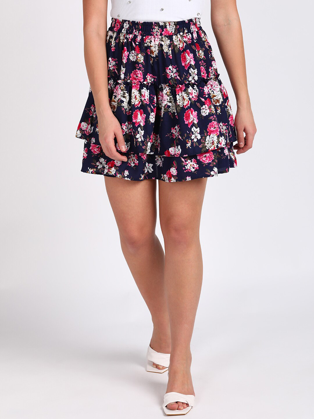 

VAHSON Women Printed Mini Flared Skirt, Navy blue