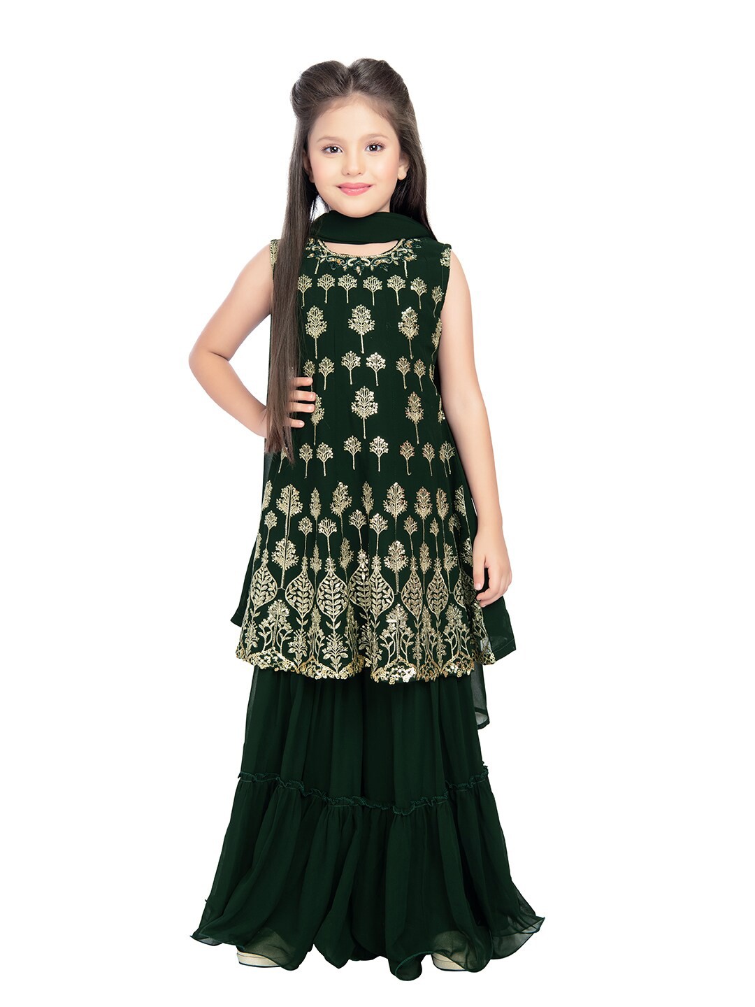 

BETTY Girls Ethnic Motifs Embroidered Thread Work Kurta with Sharara & With Dupatta, Green