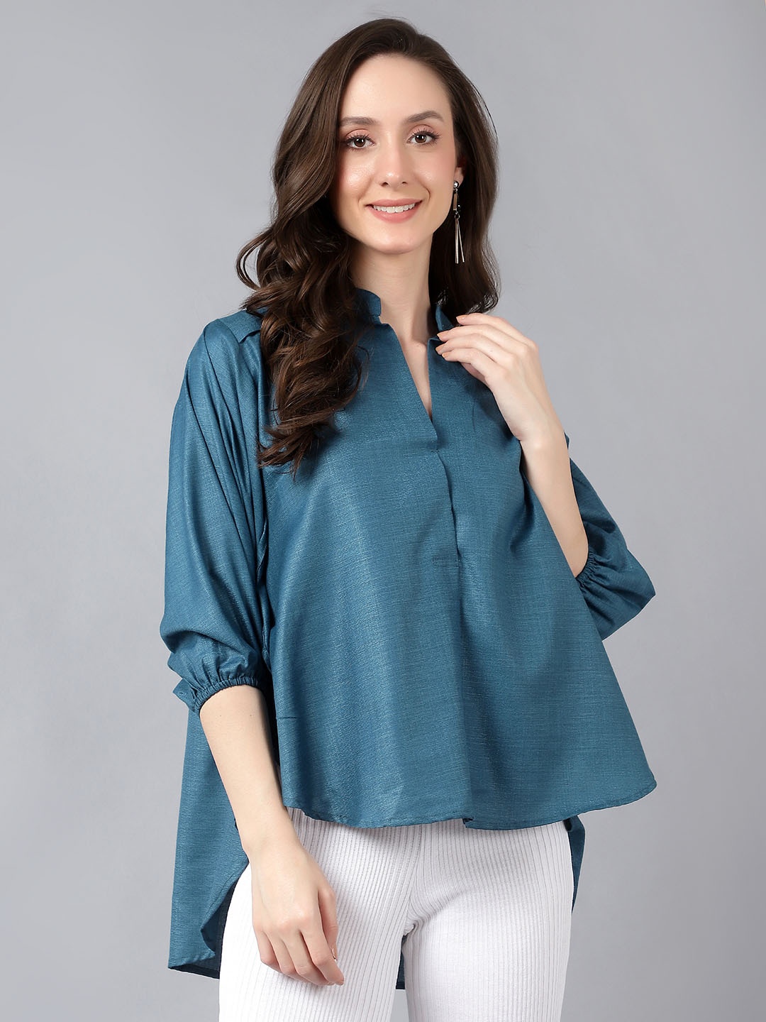 

Bani Women Puff Sleeves Cotton Blend Top, Turquoise blue
