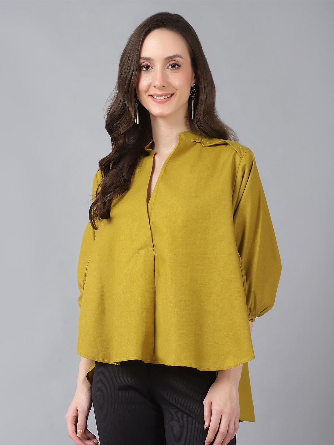 

Bani Women Mustard Mandarin Collar Shirt Style Top