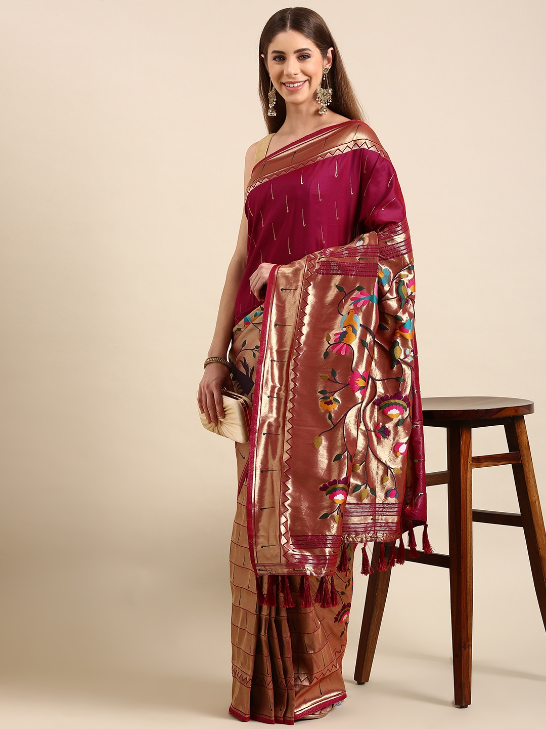

VASTRANAND Woven Design Ethnic Motifs Zari Silk Blend Paithani Saree, Brown