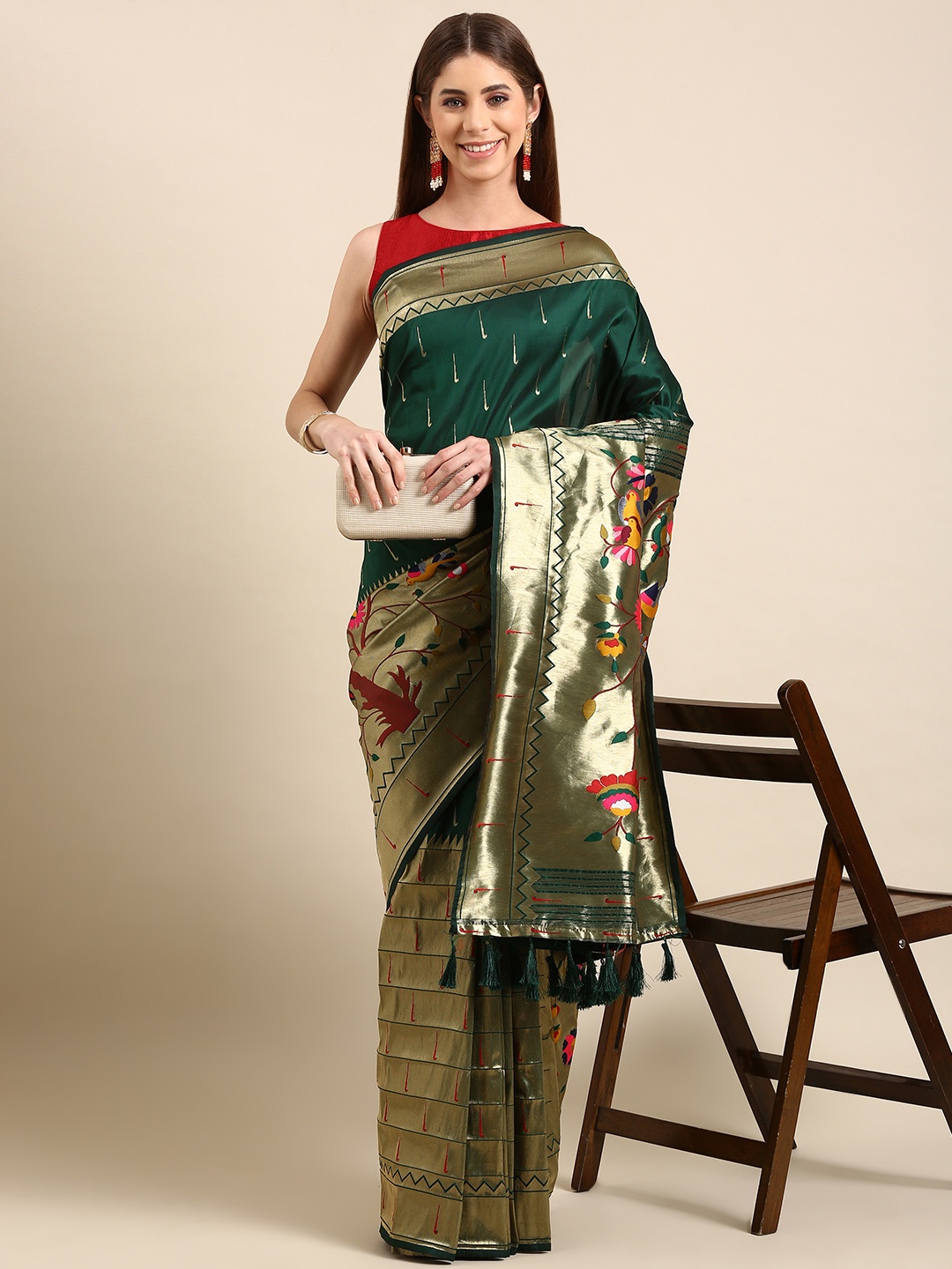 

VASTRANAND Woven Design Ethnic Motifs Zari Silk Blend Paithani Saree, Green