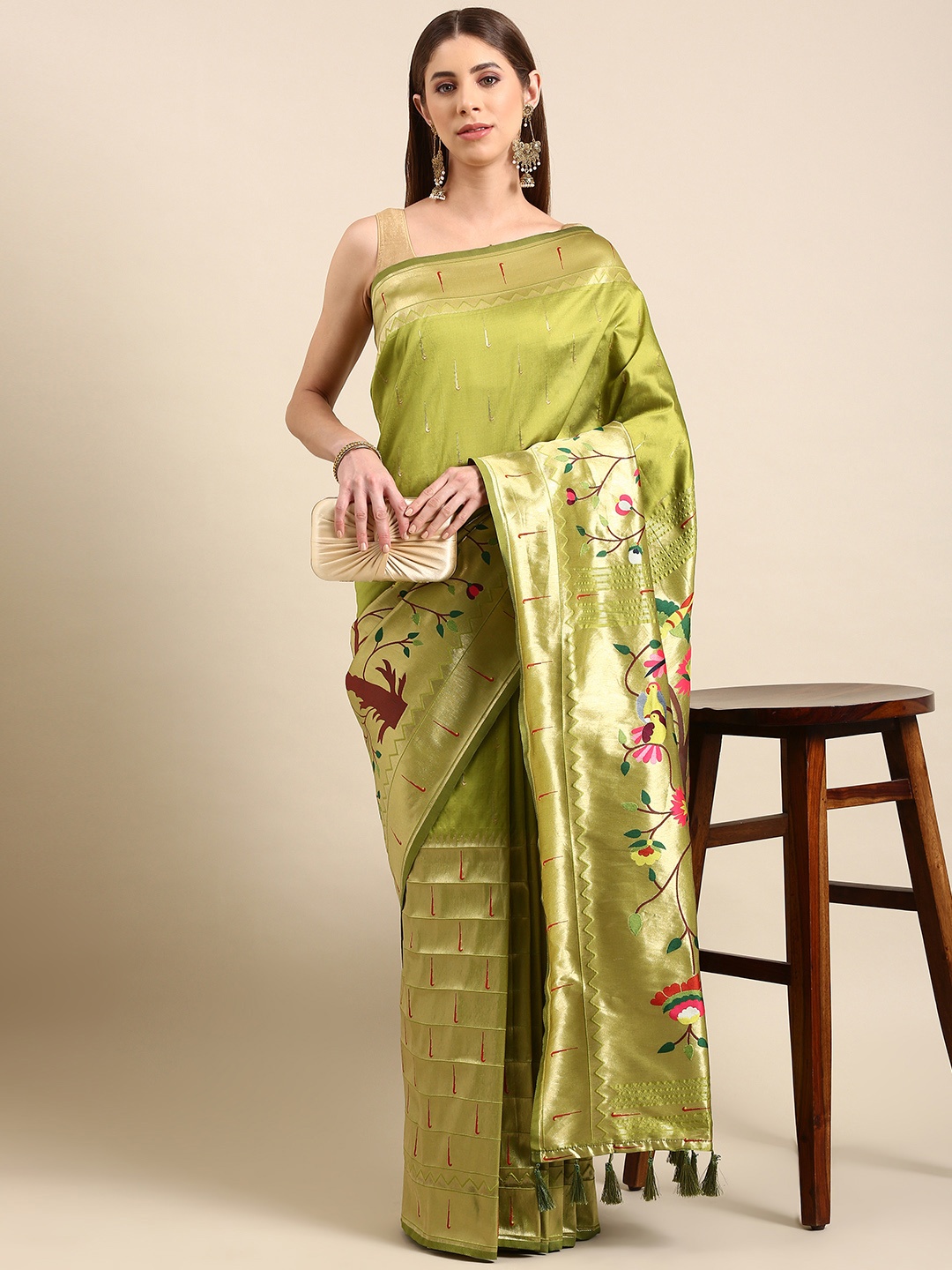 

VASTRANAND Woven Design Ethnic Motifs Zari Silk Blend Paithani Saree, Olive