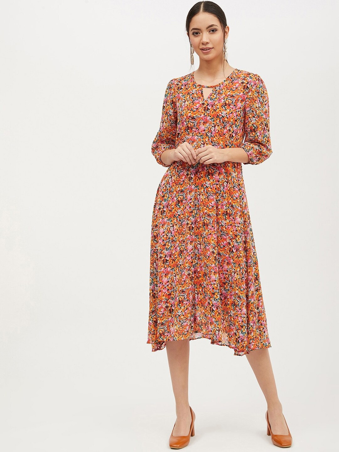 

KALINI Floral Keyhole Neck Chiffon Midi Dress, Orange